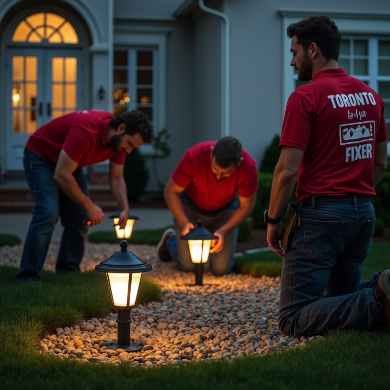  - A split image showing a garden or landscape before and after landscape lighting installation. The "before" image could be a dark or plain scene, and the "after" image would feature warm, vibrant lighting illuminating key features of the garden, such as flower beds, fountains, or decorative plants. 