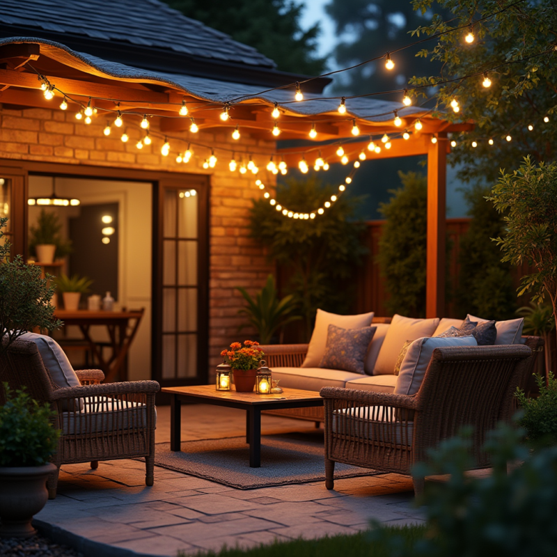  - A split image showing a garden or landscape before and after landscape lighting installation. The "before" image could be a dark or plain scene, and the "after" image would feature warm, vibrant lighting illuminating key features of the garden, such as flower beds, fountains, or decorative plants. 