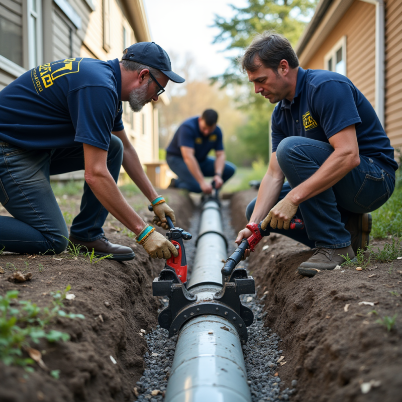 The picture of the workers who have "Toronto Fixer" on their clothes and who are changing the sewage line of the house using specialized tools.