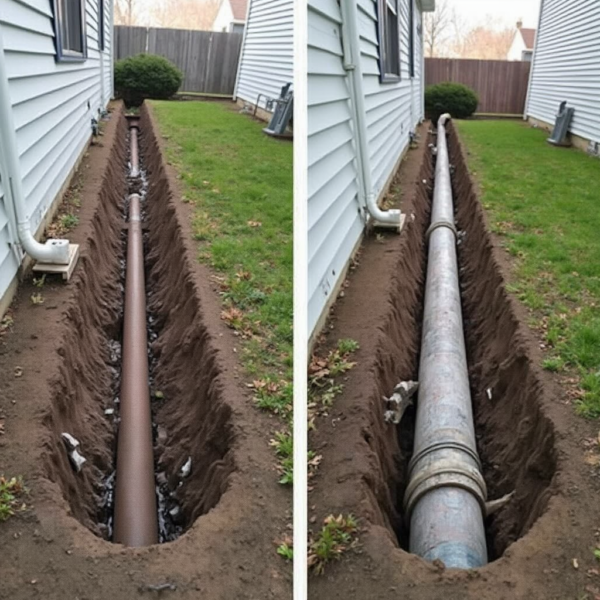The picture of the workers who have "Toronto Fixer" on their clothes and who are changing the sewage line of the house using specialized tools.